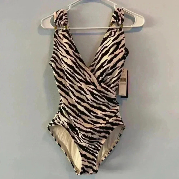 Carmen Marc Valvo Animal-Print Surplice One-Piece White Black Swimsuit Size 6 - Picture 3 of 9